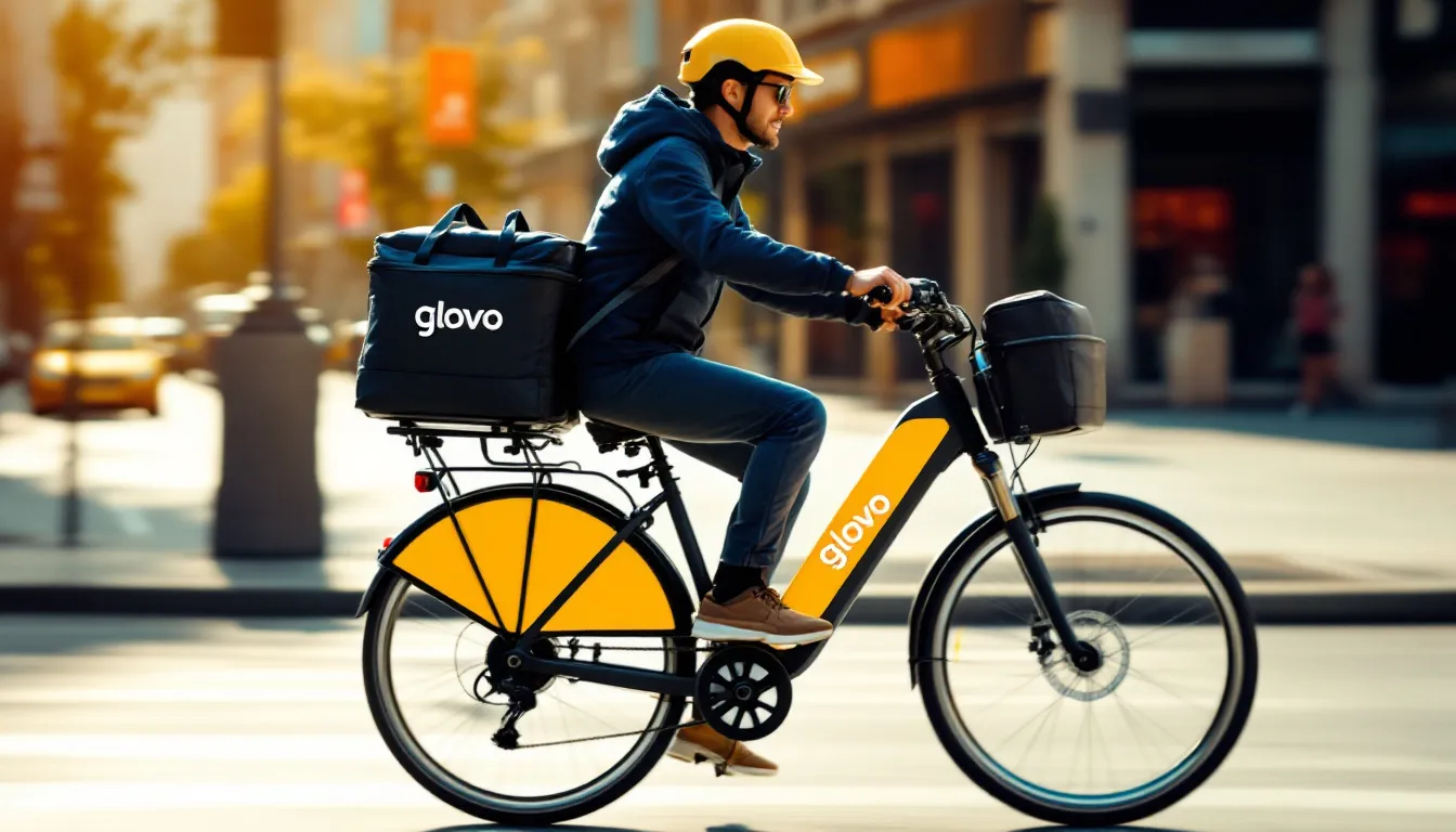 . The image shows a glovo courier on a bike, dressed in the vibrant yellow color associated with the glovo brand. The courier is ready to deliver orders, showcasing the dynamic and flexible nature of the work as a kurier glovo.